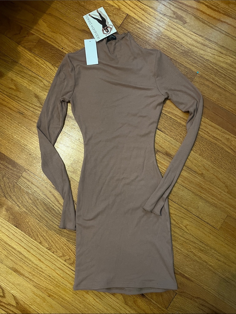 naked wardrobe Taupe Ribbed Long-Sleeve Mock Neck Dress
